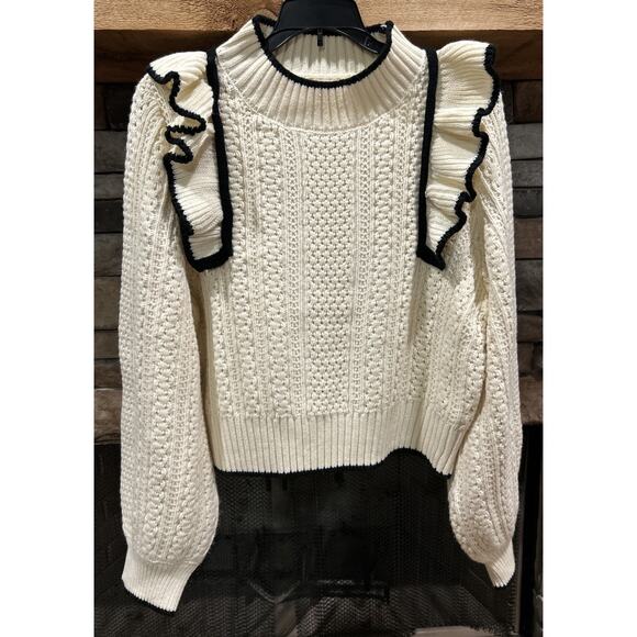 Mable Sweaters - Women’s MABLE Cream / Black Ruffled Sweater Size L *C6